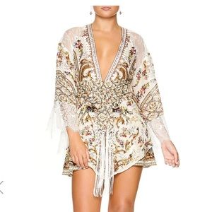 CAMILLA *Olympe Ode* white baroque print belted silk kimono w lace detail XL